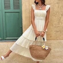 Women's Summer Vacation Solid Color Textured Ruffle Hem Dress,Summer Dresses For Women - Verde Oliva - Ver 8