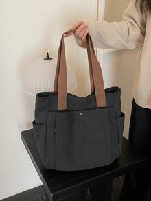 1 Piece Contrasting Color Stitching High Quality Canvas Shoulder Bag Casual Retro Hobo Bag Detachable Shoulder Strap Crossbody Bag Perfect For Women Teacher's Day Gift - Black - View 4