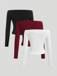 Conjunto de 3 piezas para mujer: Blusa de manga larga hombros descubiertos, blusas cortas entalladas, cómodas y amigables con la piel, versátil y estilizador - Multicolor 11 - Ver 2