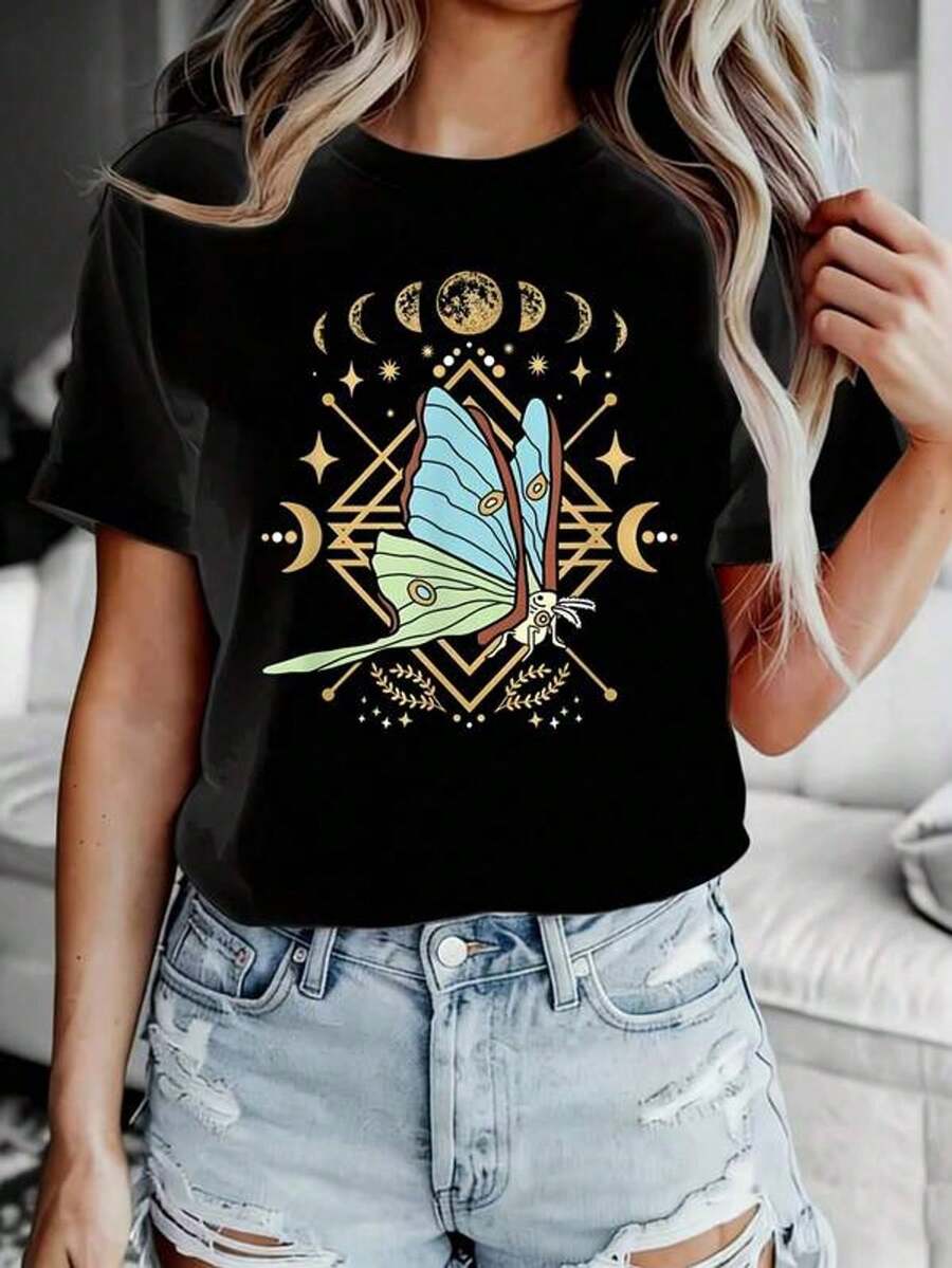 Women's Plus Size T-Shirt With Fun Butterfly Moon Design, 1 Piece, Oversized Graphic Short Sleeve T-Shirt, Novelty, 100% Polyester, Versatile, Casual Crew Neck, 220g - 黑色 - 查看 1