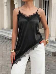 Top de tirantes finos de satén con elástico y encaje, diseño de bajo asimétrico, casual, elegante y apropiado para la oficina en verano - Negro - Ver 5
