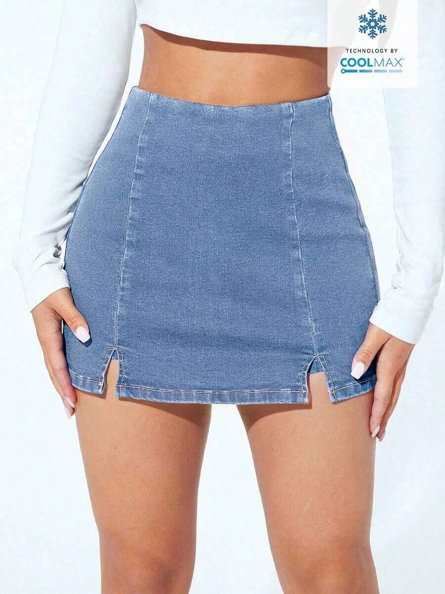 Falda pantalón informal de mezclilla con corte alto y dobladillo con doble abertura para mujer - Azul - Ver 1