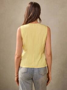 Chaleco estilo BOHO casual de estilo campestre estadounidense en color crema amarillento, con tirantes delgados, adecuado para maestras, oficina, viajes, con aspecto vintage.Blusa de verano para mujer en color amarillo claro, top de verano para mujer, top con lazo amarillo, top envolvente amarillo, top cruzado para mujer, top de verano para mujer de estilo occidental, para maestras de campo - Amarillo - Ver 6