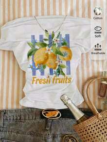 Camiseta de manga corta ajustada con hombros descubiertos y pliegues en la cintura, con estampado de limón, adecuada para el verano - Blanco - Ver 9