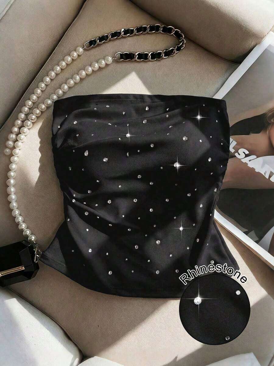 Nuevo top bandeau ajustado y sexy con adornos de strass, adecuado para uso diario, fiestas y citas - Negro - Ver 1