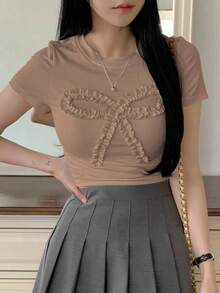 Camiseta casual de verano para mujer con volantes y decorativa con lazo, crop tops para mujer, camisetas gráficas - Caqui - Ver 3