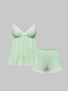Conjunto de pijama casual de camiseta de tirantes acanalada y shorts con encaje - Verde - Ver 9