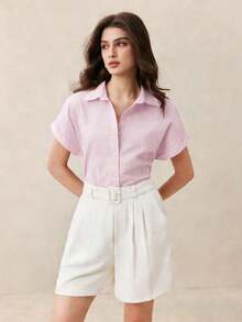 Nueva llegada Camisa casual de manga corta con botones delanteros de unicolor, adecuada para uso diario, primavera/verano - Rosa - Ver 3