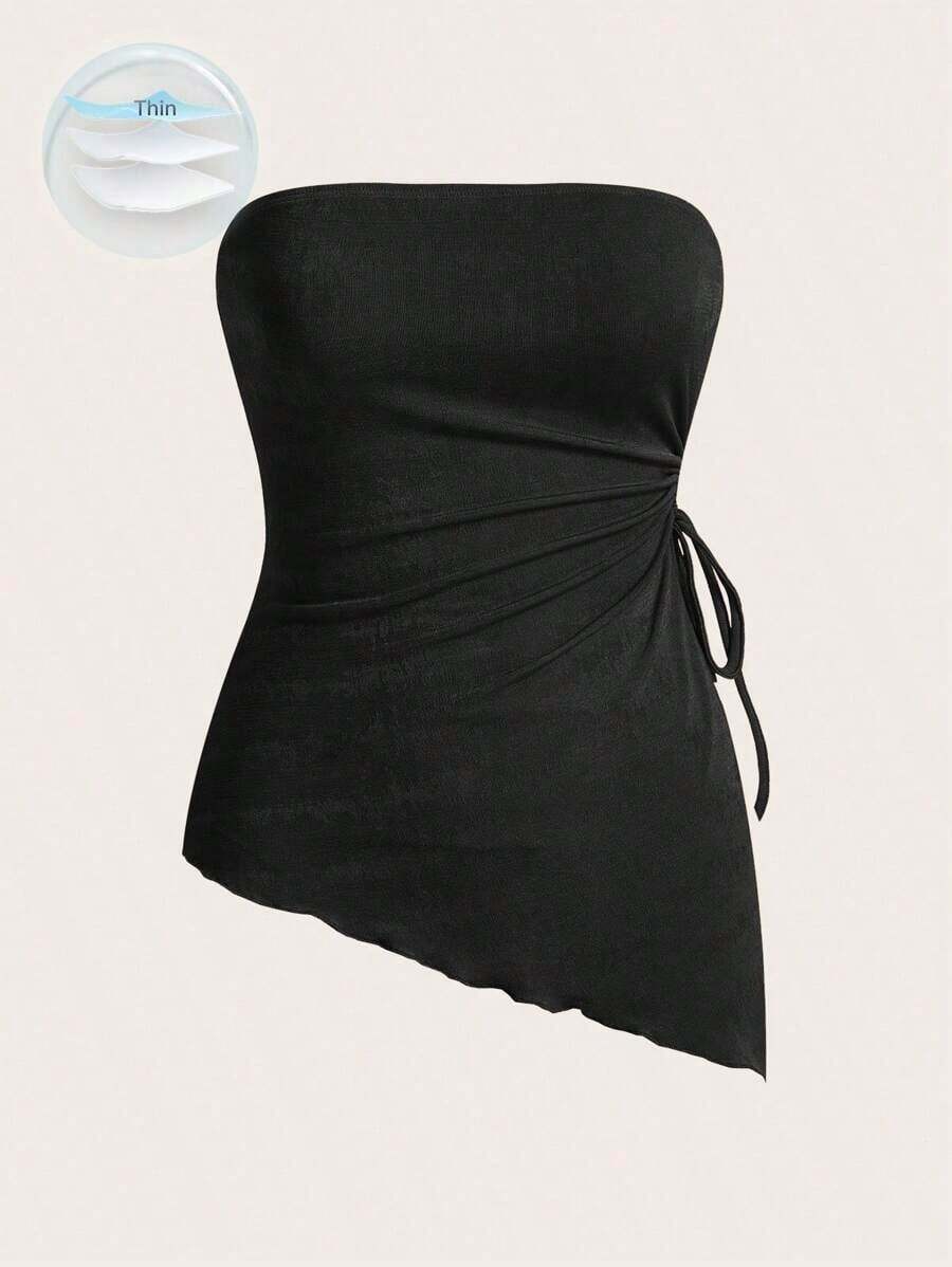 Blusa negra tubo con recogido en la cintura, bajo asimétrico y atado a los lados - Negro - Ver 1