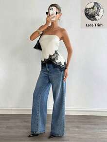 Top bandeau con encaje satinado mate - Albaricoque - Ver 6