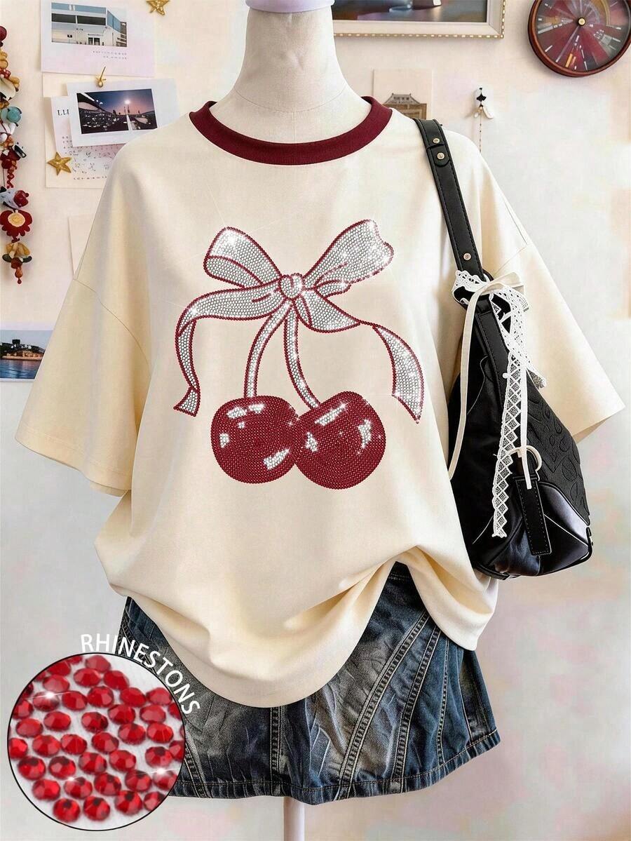 Camiseta de mujer de cuello redondo, hombros caídos, de largo medio, con estampado digital a rayas, de estilo minimalista y moderno, como regalo para amigos - Albaricoque - Ver 1