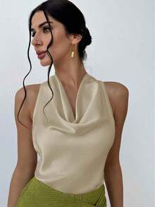 Blusa elegante minimalista con cuello drapeado y lazo delantero para mujeres, color albaricoque - Albaricoque - Ver 1
