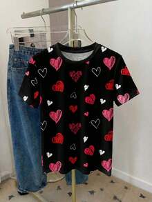 Camiseta holgada de manga corta con cuello redondo y gráfico de corazón minimalista casual para mujer, adecuada para primavera/verano, Día de San Valentín, Carnaval - Camiseta gráfica linda con diseño de corazón, casual - Multicolor 2 - Ver 4