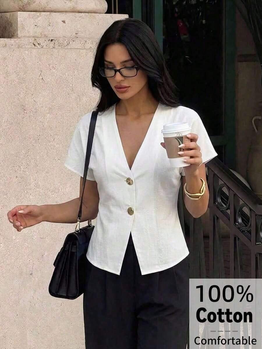 casuales elegantes de color blanco sólido con mangas de murciélago para mujeres, románticas para salir en verano - Blanco - Ver 1