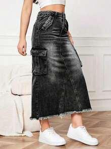 Minifalda de mezcla de algodón para mujer, de unicolor, con bolsillos, adecuada para todo el año, casual, negra, primavera - Negro - Ver 5