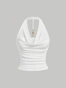 3 piezas Camiseta de mujer de unicolor con cuello drapeado de moda - Blanco - Ver 5