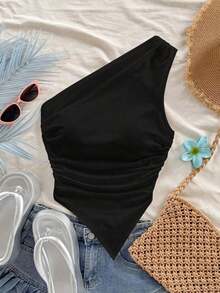 Conjunto de 3 piezas para mujer con top sin mangas con hombros fruncidos, de estilo minimalista y de moda, ideal para vacaciones, primavera y verano - Negro - Ver 5