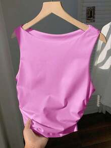 Camiseta acolchada simple de verano/primavera de color sólido - Rosa - Ver 5