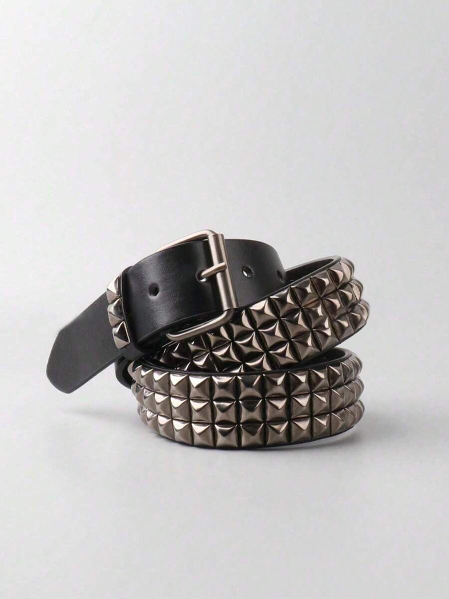 1 chiếc thắt lưng da PU kiểu Gothic dành cho nam, khóa đinh tán. - Màu Đen Súng - Xem 1