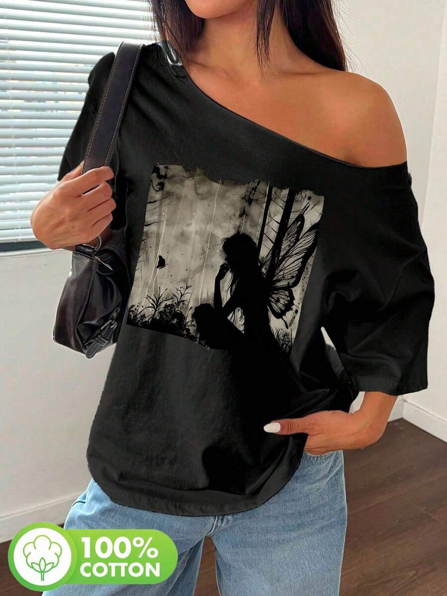Talla grande, póster Y-Vintage de alas amarillas y negras, silueta de hada en blanco y con alas de mariposa, camiseta 100 % holgada con estampado en el hombro, camisetas gráficas extragrandes estilo Y2K, tops para mujer, top de verano con hombros descubiertos