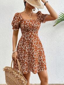 Vestido casual de mujer con estampado floral ditsy para vacaciones - Café integral - Ver 5