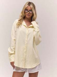 Camisa larga de rayas de pata de gallo de color amarillo mantequilla, solo parte superior, estilo elegante y casual para mujer, ideal para primavera, verano, vacaciones u oficina - Amarillo - Ver 6