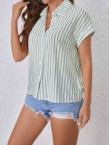 Blusa de estilo minimalista casual con estampado de lunares blancos y patrón de monedas vintage, adecuada para primavera/verano, versátil - Verde - Ver 4