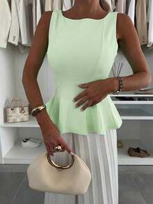 1 pieza Blusa informal de punto de unicolor con volante, verano - verde pálido - Ver 4
