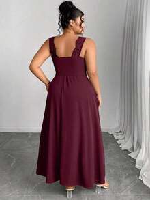Elenzya Vestido línea A con cuello en V, contraste de encaje, tirantes finos y abertura para tallas grandes - Burdeos - Ver 2