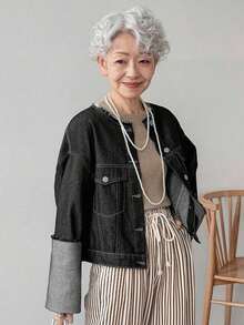 Chaqueta vaquera casual y versátil con botones delanteros sueltos para mujeres, chaqueta vaquera corta para mujeres, chaqueta de jean corta, chaqueta de jean oversize para mujeres - Negro - Ver 1