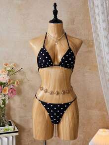 Conjunto de bikini primavera/verano 2026 para mujer, conjunto de bikini de lunares blanco y negro estilo vintage francés combinado con pantalones de malla de pierna ancha sexy y elegante, accesorio de pañuelo de cabeza a la moda, conjunto de playa y traje de baño para mujer, adecuado para vacaciones en la playa y fiestas en la piscina - Negro - Ver 8