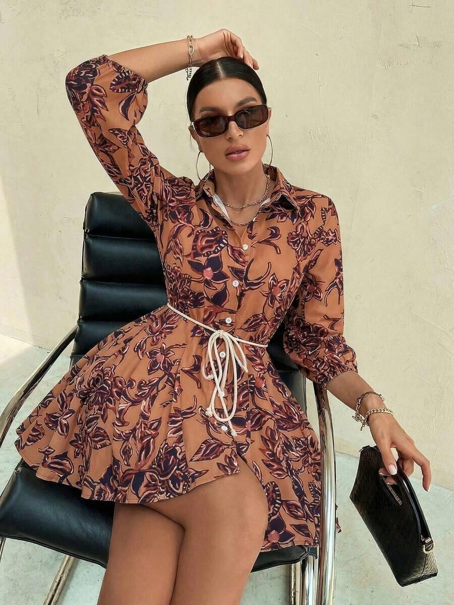GENKIRA Vestido camisero con estampado todo sobre y cinturón, atuendos de trabajo y vacaciones para mujer - Multicolor 4 - Ver 1