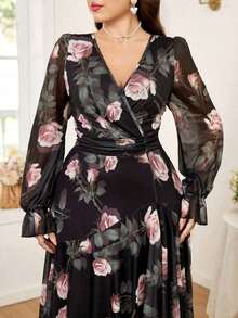 Reflora Nuevo vestido largo de mujer de talla grande con estampado floral, volantes en el bajo, cintura ceñida y alta elasticidad, vestido de otoño, vestido con volantes, vestido floral - Multicolor - Ver 4