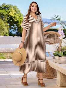 Vestido casual holgado de unicolor con cuello en V y mangas cortas para mujer de talla grande - Multicolor - Ver 5