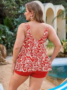 Swim Lushoire Conjunto de tankini de 2 piezas de talla grande para mujer con estampado aleatorio, cordón en el busto y la cintura, diseño estilizador y minimalista para vacaciones y playa - Rojo - Ver 2