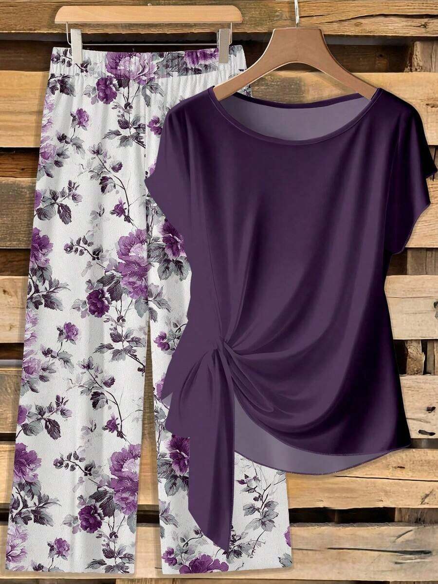 Conjunto de 2 piezas de blusa con lazo y pantalones rectos para mujer, informal - Multicolor 10 - Ver 1