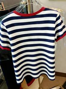 Camiseta de manga corta con estampado de bloques de color y rayas para vacaciones de verano - Multicolor 2 - Ver 2
