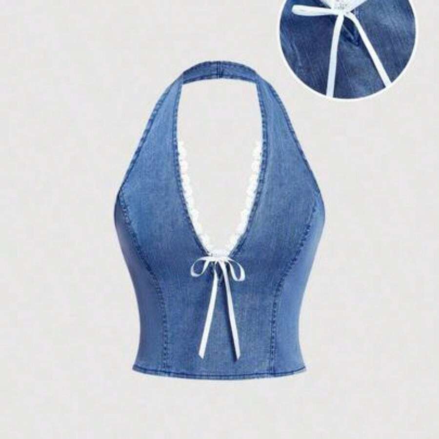 MOD Women Summer Front Tie Denim Halter Crop Top,Cute Halterneck Lace Bow Tight,Summer,Vacation,Off The Shoulder Top,Crop Tops Women,Going Out Tops Women,Birthday,Halter Tops,Vintage Tops,Cute Shirts,Hawaii,Birthday,Going Out Tops,Y2k Top - Lavado medio - Ver 1