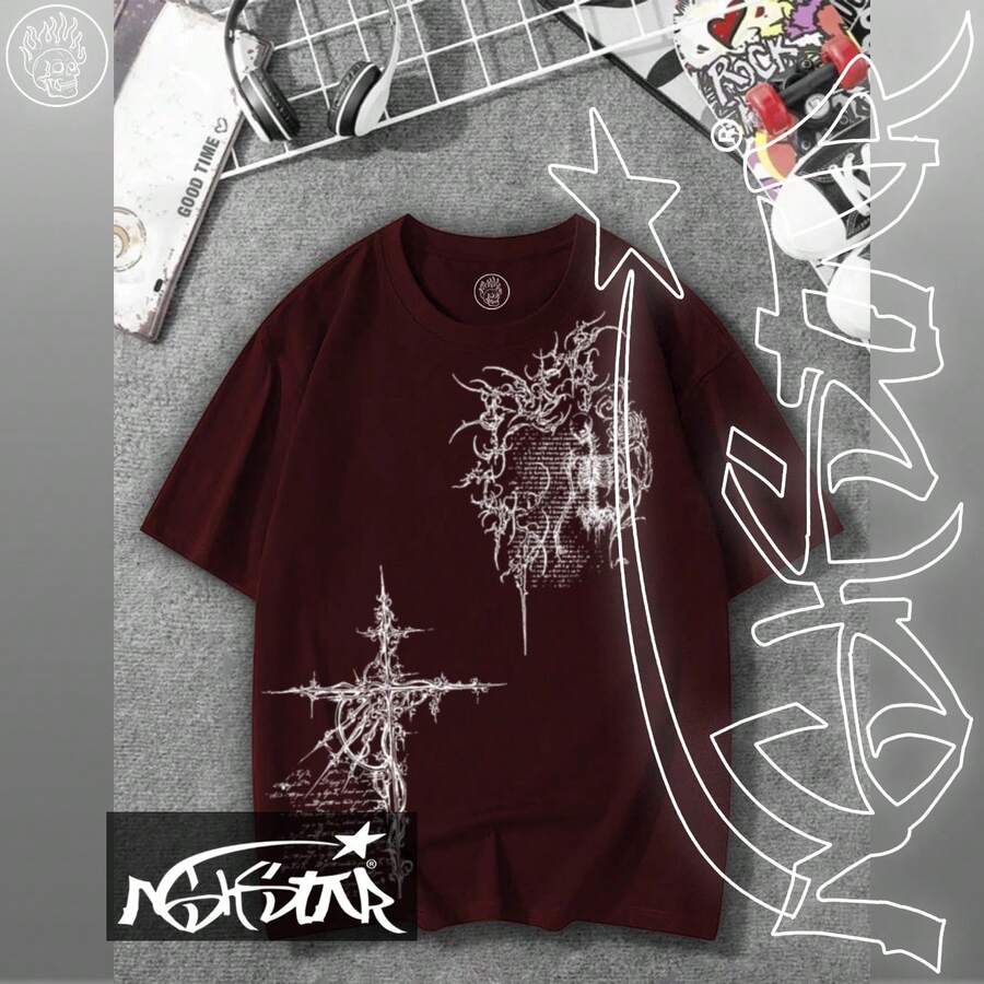 Premium 100% Cotton T-Shirt ASHSTAR "GOTHIC CROSS SKULL" - 紫紅色 - 查看 1