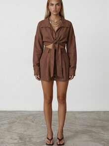 Women's Solid Color Drop Shoulder Long Sleeve Shirt And Shorts Casual Set - Rust Brown - View 4