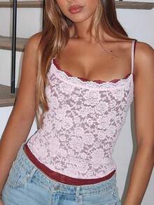Camisola de encaje sin mangas con tirantes finos para mujer, de verano, a la moda, ajustada - Rosa - Ver 3