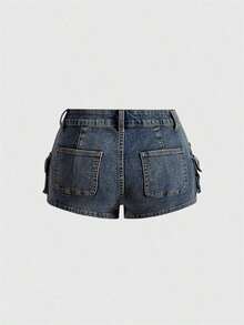 Grunge Punk Conjuntos de verano para mujer: shorts mini de tiro bajo de mezclilla desgastada, estilo de calle punk - Lavado ligero - Ver 3