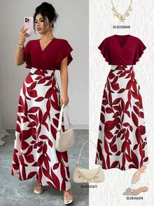 ajustado y acampanado con volantes y mangas de capa, con estampado de hojas de color rojo burdeos, para primavera/verano - Multicolor 3 - Ver 5