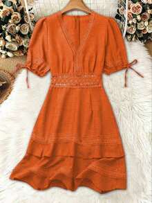 Vestido de verano de unicolor con ribete de encaje para mujer - Naranja - Ver 3