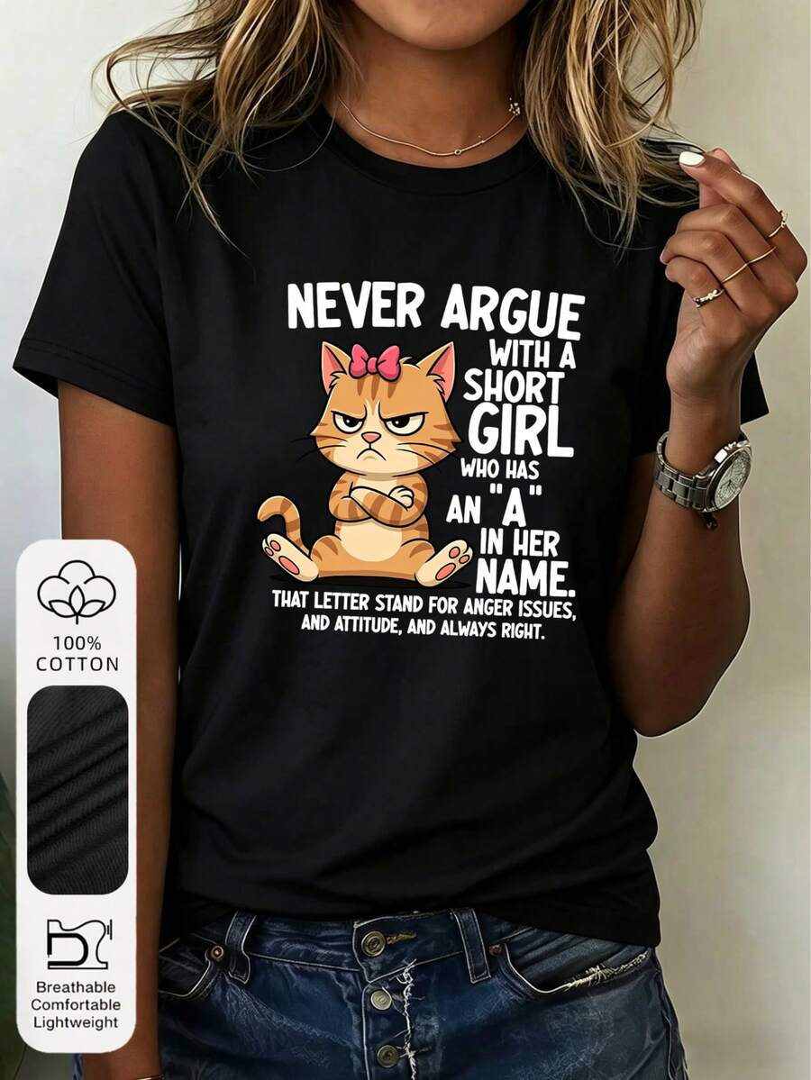 大码女式日常可爱橙色猫咪图案圆领短袖简约休闲夏季女式黑色上衣T恤 - 黑色 - 查看 1