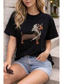 Camiseta informal de cuello redondo para mujer con estampado de perro salchicha con gafas de sol; estilo versátil.Suitable for spring, summer and autumnmaija - Negro - Ver 1