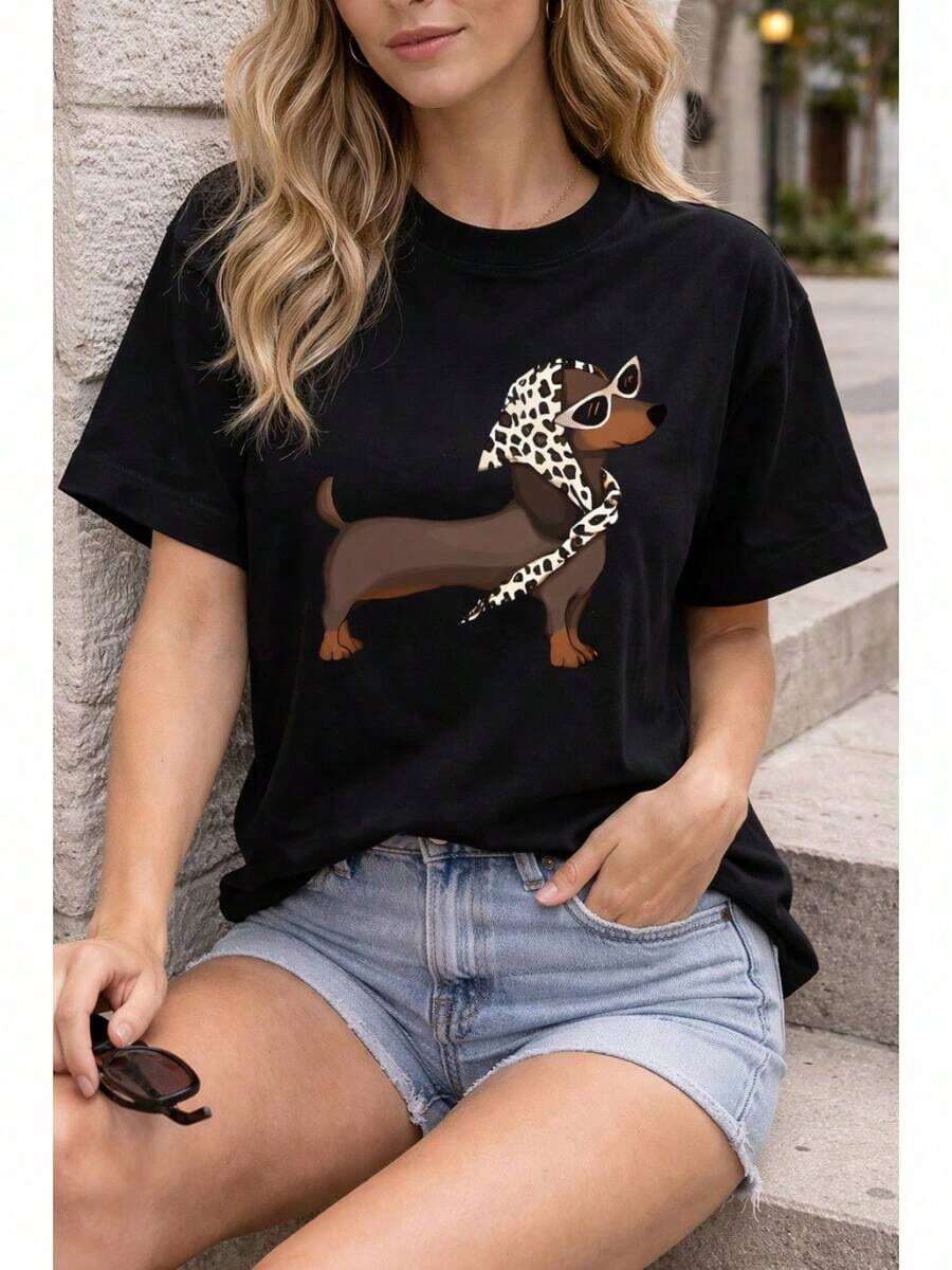 Camiseta informal de cuello redondo para mujer con estampado de perro salchicha con gafas de sol; estilo versátil.Suitable for spring, summer and autumnmaija - Negro - Ver 1