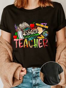 Elegante Camiseta Estampada de Cuello Redondo para el Día del Maestro, Top Casual de Manga Corta para Verano y Primavera, Camiseta Chic de Moda para Mujer - Negro - Ver 2