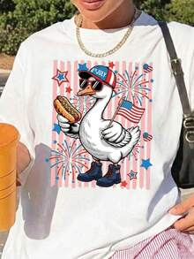Divertida camiseta de ganso para el 4 de julio, camiseta preppy de ganso americano, top patriótico, camiseta coqueta del 4 de julio. Camiseta unisex de algodón puro de 220 g, peso ideal para todas las estaciones, adecuada tanto para hombres como para mujeres. Tejido duradero de alta calidad, suave al tacto y de larga duración. Top transpirable. Adecuado para la primavera y el verano de las mujeres, vacaciones, Día de la Madre, Día de la Independencia. - Blanco - Ver 1
