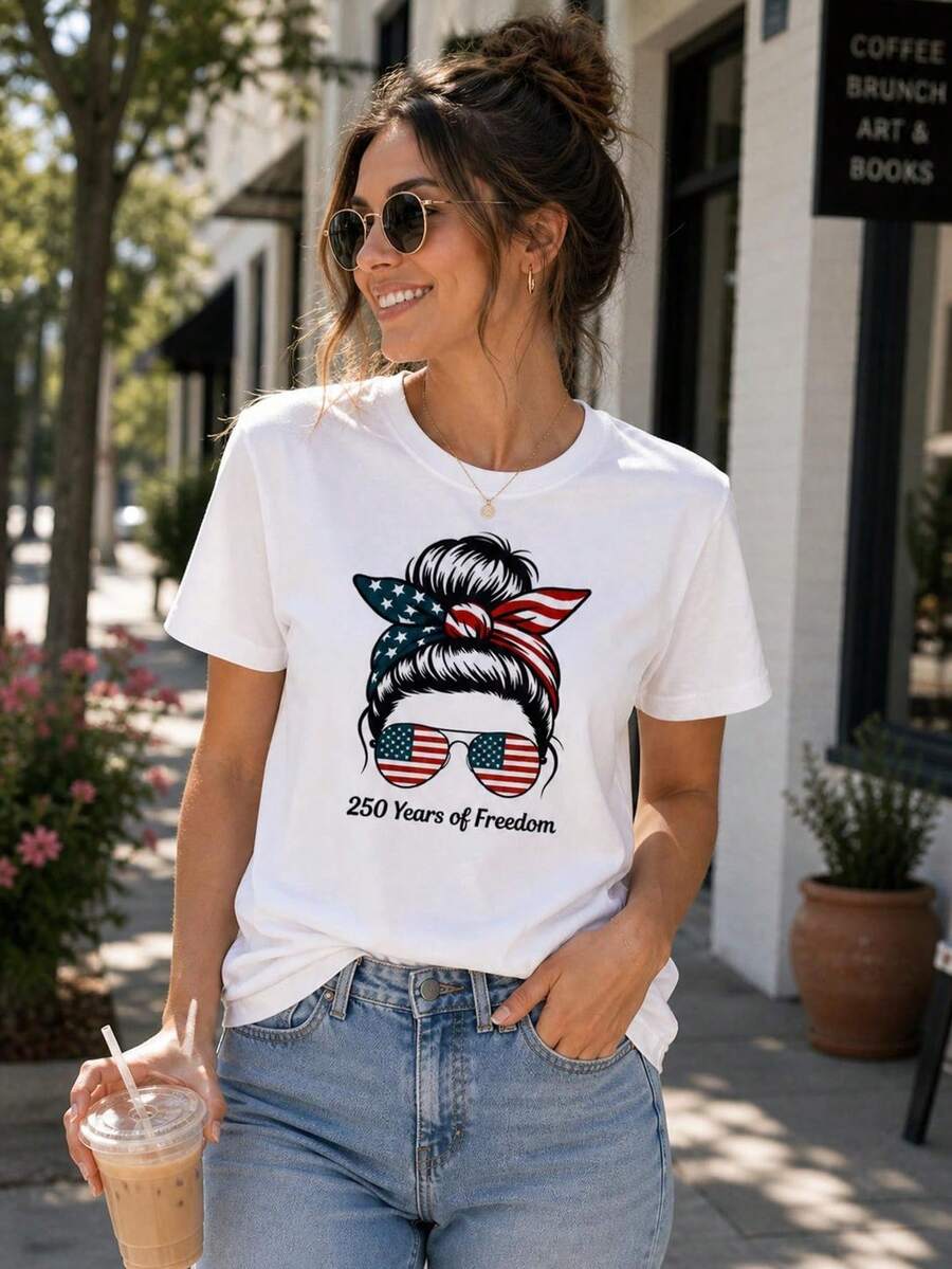 Patriotic T-Shirt With A Messy Bun, 250 Years Of Freedom, US Flag Graphic. 220g, Pure Unisex Cotton, Ideal Weight For All Seasons, Suitable For Men And Women. Durable, High-Quality Fabric, Soft To The Touch And Long-Lasting. Breathable Top. Suitable For Spring And Summer, Holidays, Mother's Day, And Independence Day. - 白色 - 查看 1